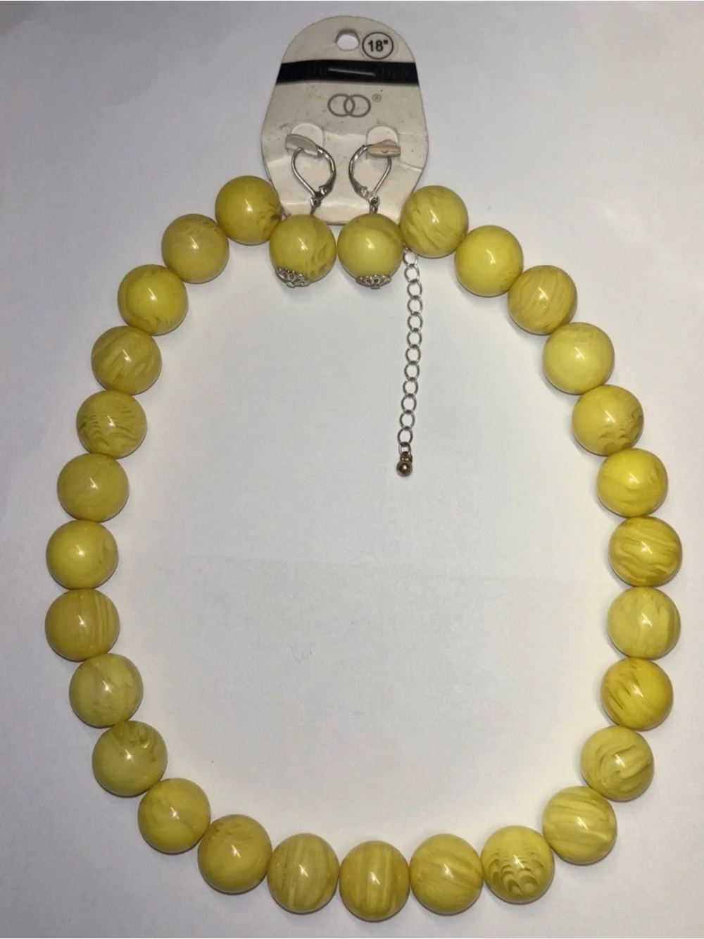 Vintage Large Round Acrylic Lemon Yellow Bead Necklace & Earring‎ Set 18”
